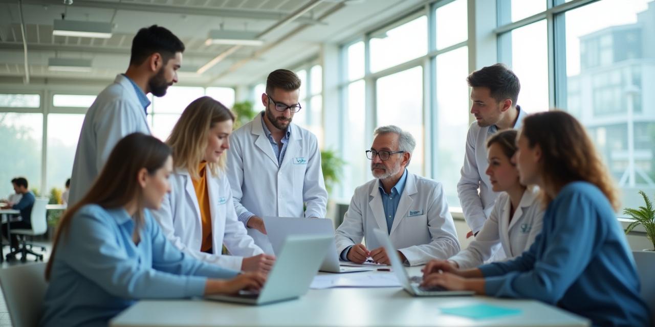 明るいオフィスで議論する多様な科学者チーム